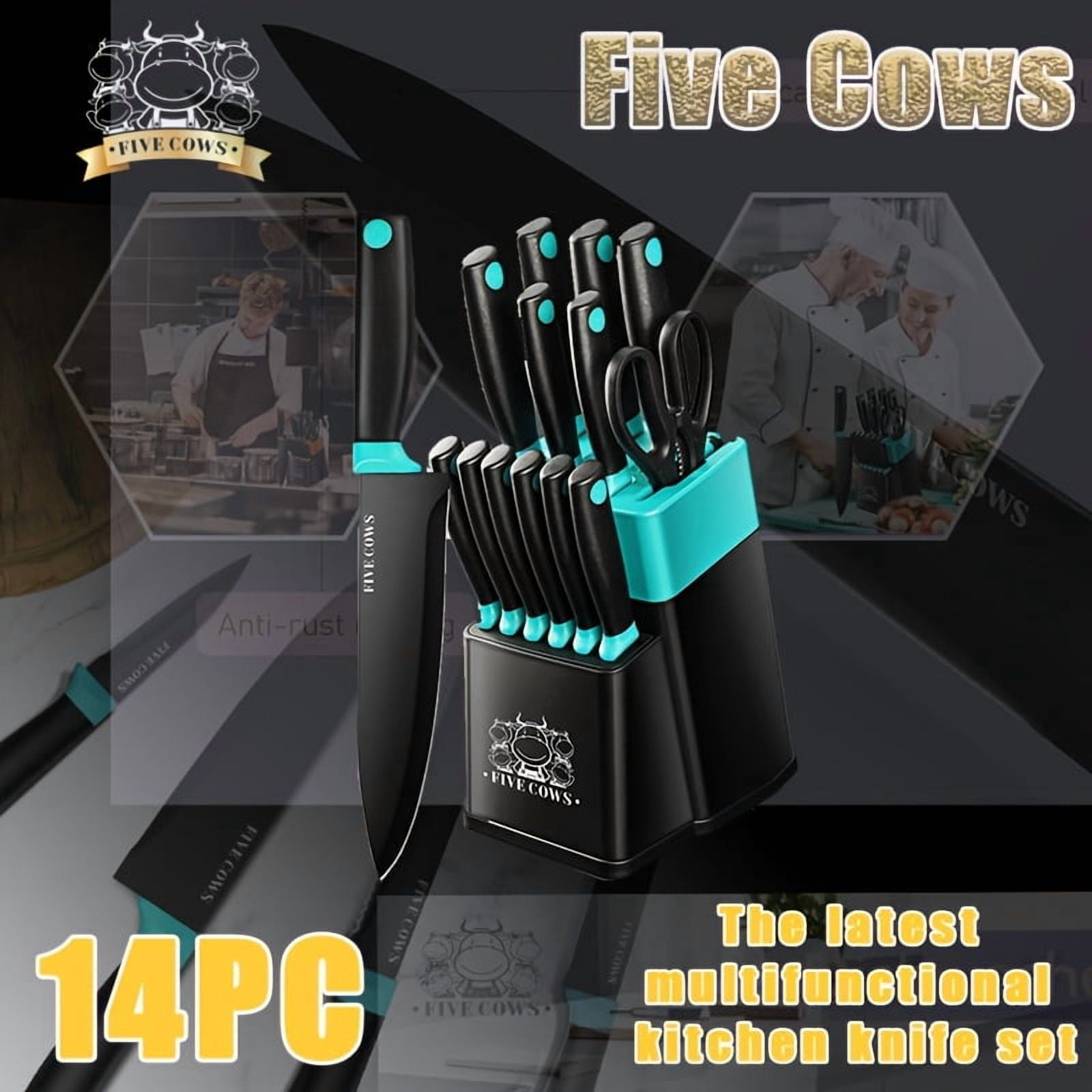 Five Cows 14-Piece Knife Set with Sharpener Block, Stainless Steel
