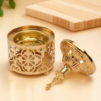 YEAHIBABY 1Pc Golden Iron Candle Stand with Middle Eastern Style Carved Design for Party Decor