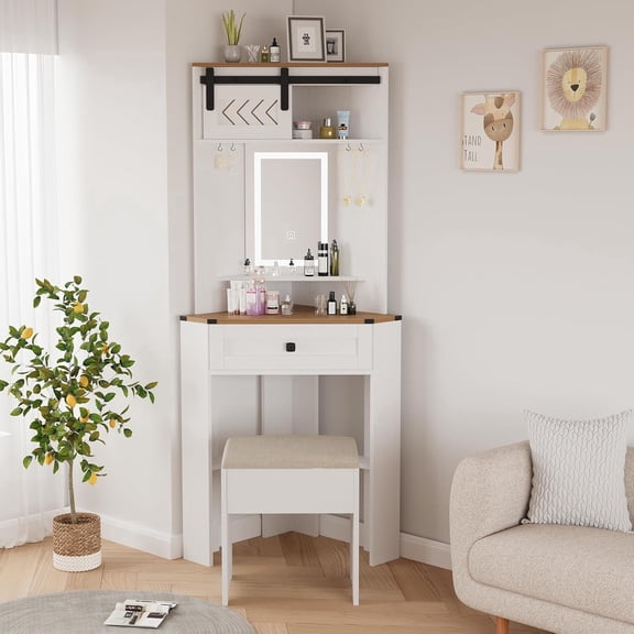 Small Vanity Desk Set with Lights and Mirror Makeup Vanities with Drawers for Corner Space White Farmhouse Make up Dressing Table with Storage Stool for Bedroom