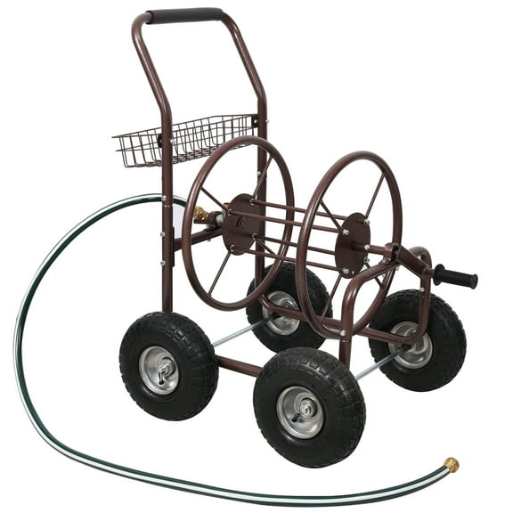 Metal Hose Reel Cart with Wheels - Heavy Duty Hose Caddy for 250 Ft Garden Hose - Rust Resistant Steel Frame with 10 Inch Pneumatic Tires and Accessory Basket