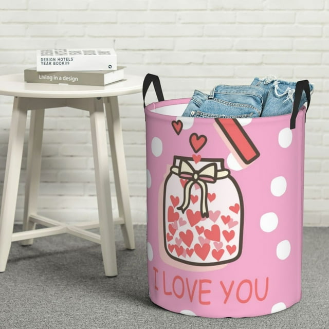 YFYANG Waterproof Laundry Hamper, Pink Heart Pattern Laundry Basket Oxford Fabric with Handle Foldable, M