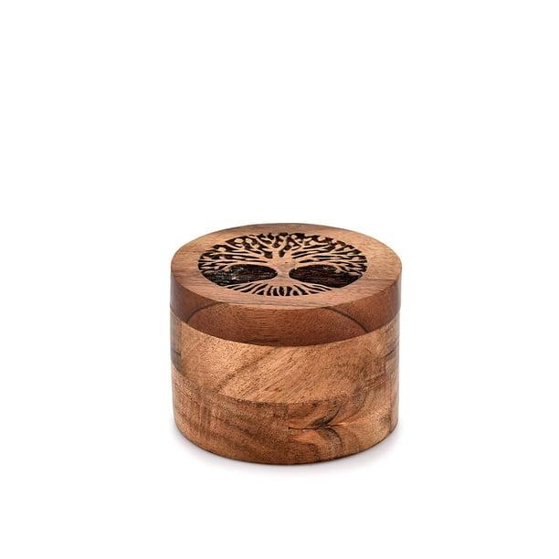 Urna de madera Samhita hecha a mano en madera de acacia con forma de árbol de la vida