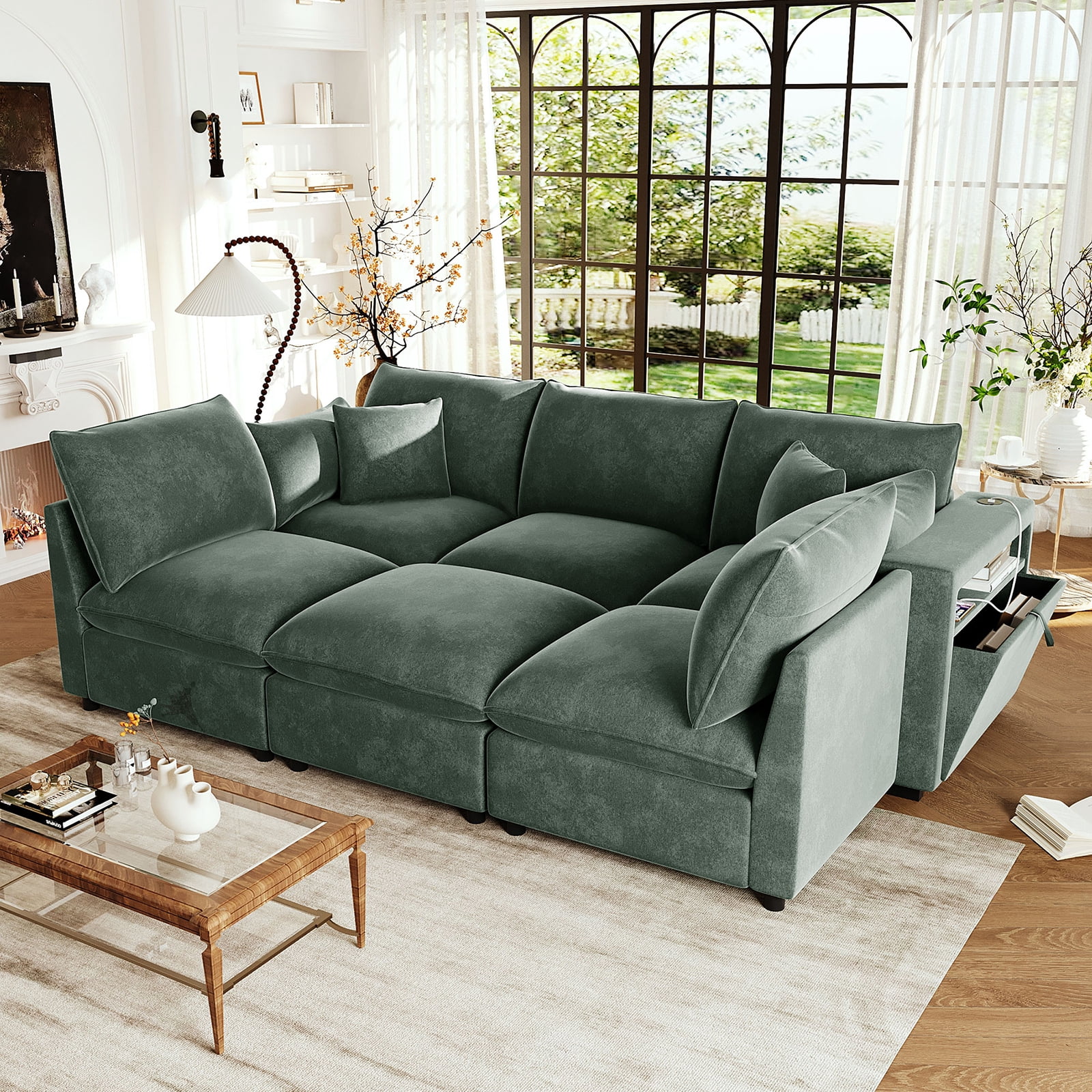 EPOWP 93.7'' Modular Sectional Sofa, U Shaped Cloud Couch with Movable Ottoman, Chenille 6 Seater Sofa Storage Armrests and USB Ports for Living Room (Green)