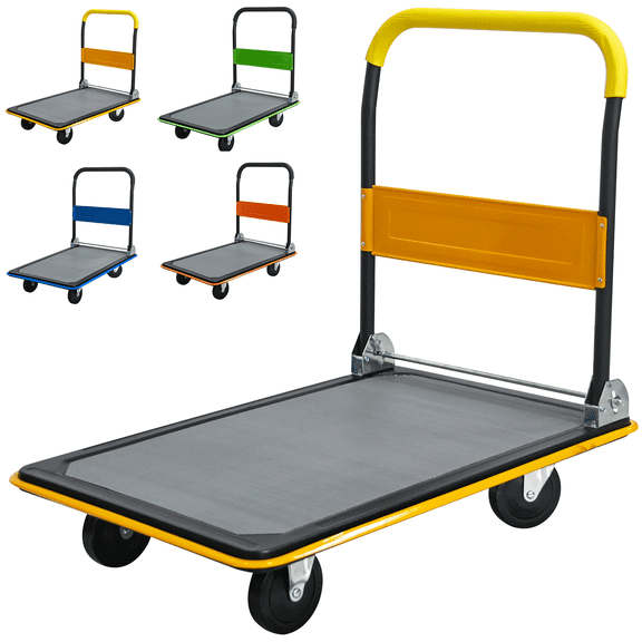 ARTMAN Flatbed Cart, 330lb/660lbs Heavy Duty Capacity Platform Hand Truck 360 Degree Swivel Wheels Foldable Push Hand Cart for Loading and Storage, Warehouse-Yellow