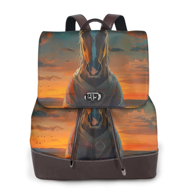 Easygdp Sunset Prairie Meditating Horse Mochila de Cuero para Mujeres, Bolso de Hombro, Bolsos de Mano de Moda para Trabajo y Viajes