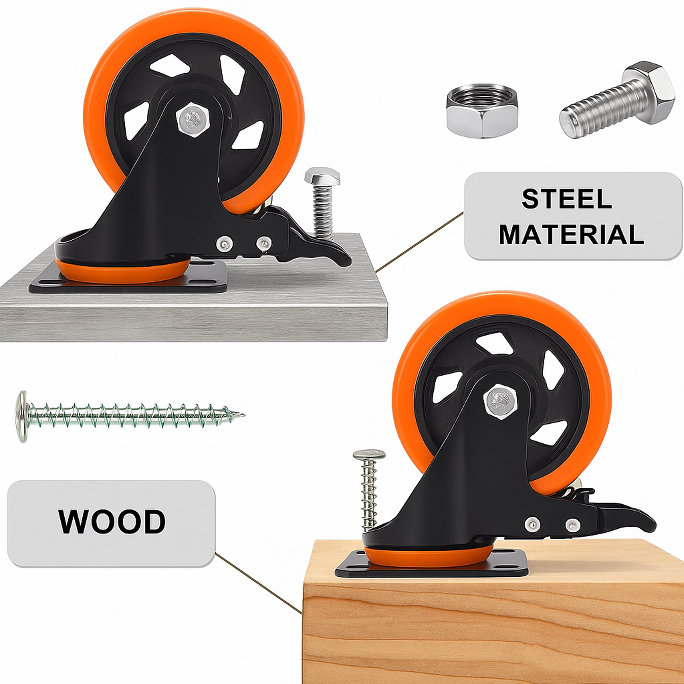 YAEMIKY 6" Caster Wheels Set of 4, Heavy Duty Plate Casters with Double Ball Bearings,Premium Polyurethane Swivel Caster Wheels for Cart,Furniture,Workbench（Hardware Included）