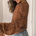 thumbnail image 2 of Women's Solid Color Long Sleeve Blouses Hollow Round Neck Lace Shirts Tops, 2 of 2