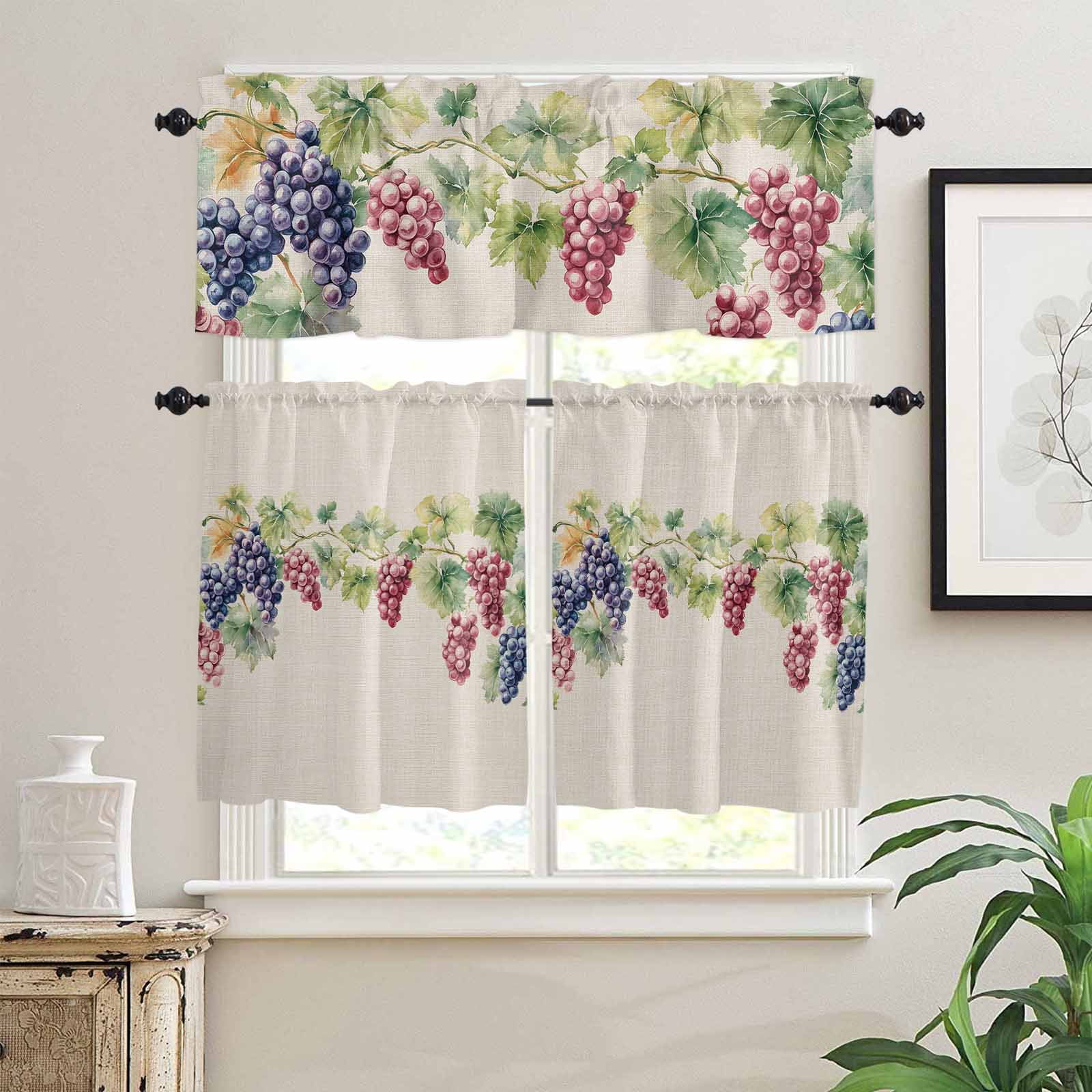 Purple Grape Kitchen Curtains Valances and Tiers Set of 3 Spring Grape Vine Leaf Watercolor Linen Texture Tier Curtains and Valance for Kitchen Bathroom Small Windows 27.5"W x 36"L (Pack of 3)