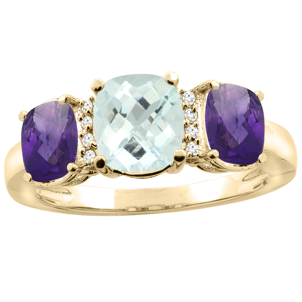 10K Yellow Gold Natural Aquamarine & Amethyst 3-stone Ring Cushion 8x6mm Diamond Accent, sizes 5 10 by WorldJewels