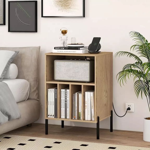 Auranook Record Player Stand w/ Charging Station, Turntable Stand w/ 5 Storage Compartments, Anti-toppling Kits & Metal Legs, Vinyl Record Holder
