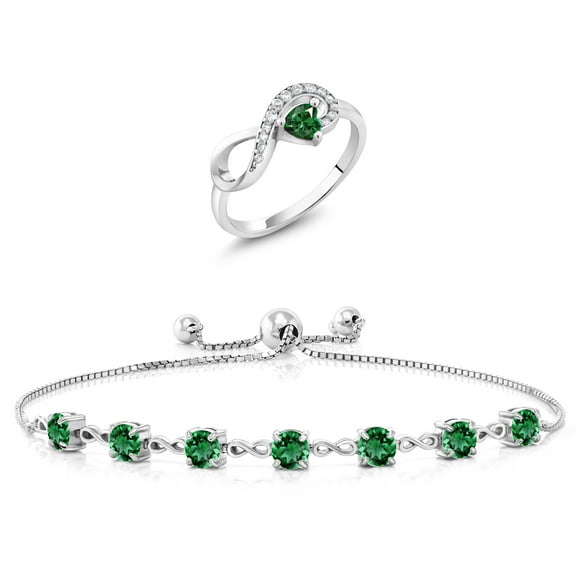 Gem Stone King 925 Sterling Silver Green Nano Emerald Ring and Bracelet Jewelry Set for Women | 3.37 Cttw | Gemstone May Birthstone | Heart Shape 4MM | Round 4.5MM | Size 9
