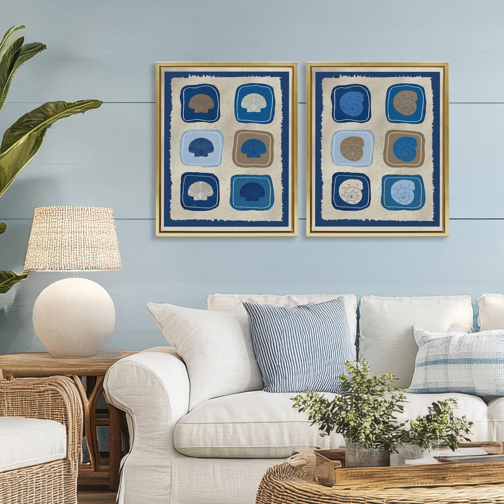 Stupell Industries Blue Blocked Seashells 2 Piece Gold Framed Floater Canvas Set, design by Julia Frost