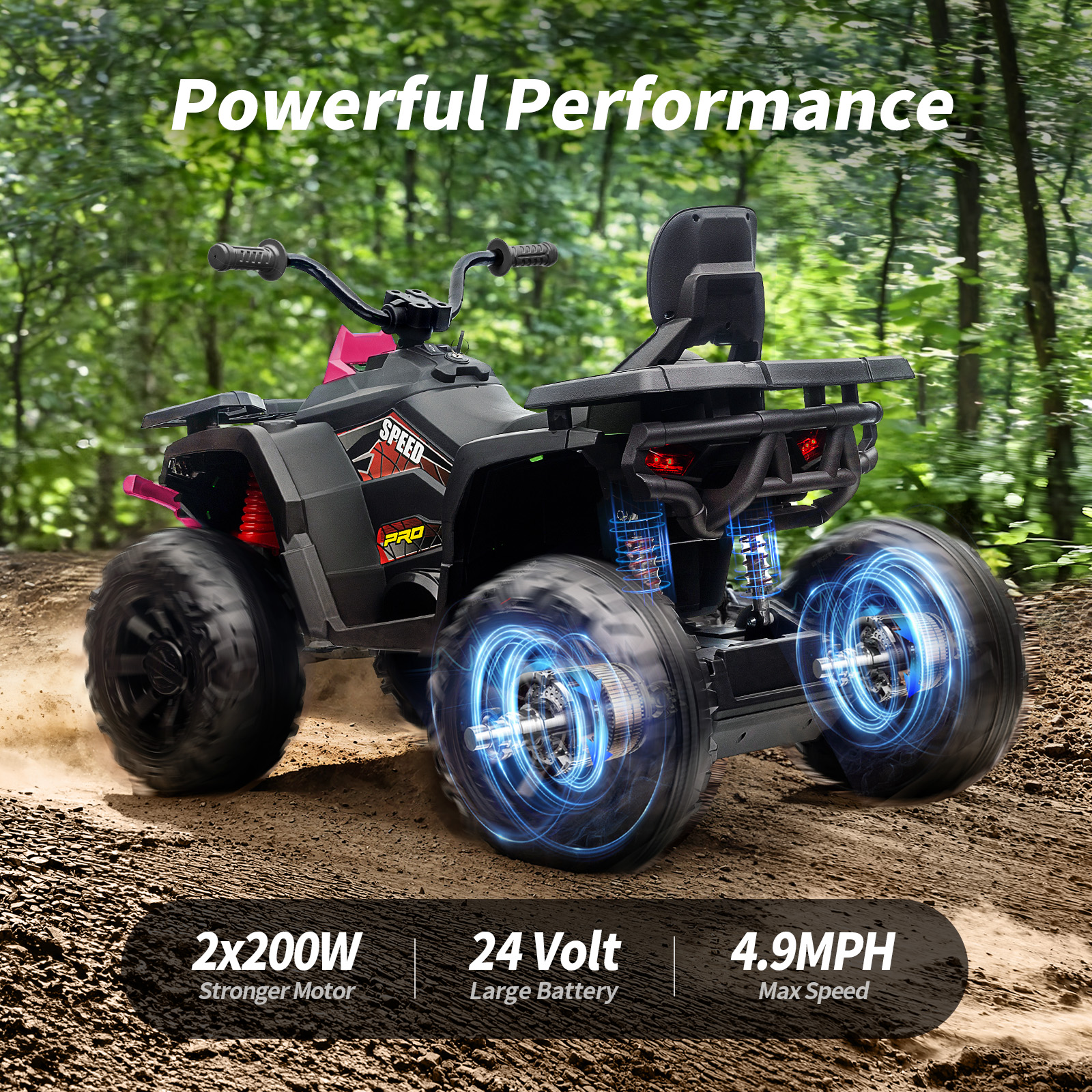 Hikiddo 24V Ride on Toys, Kids ATV 4-Wheeler for Big Kids with 2 Seater, 400W Motor, Bluetooth - Pink
