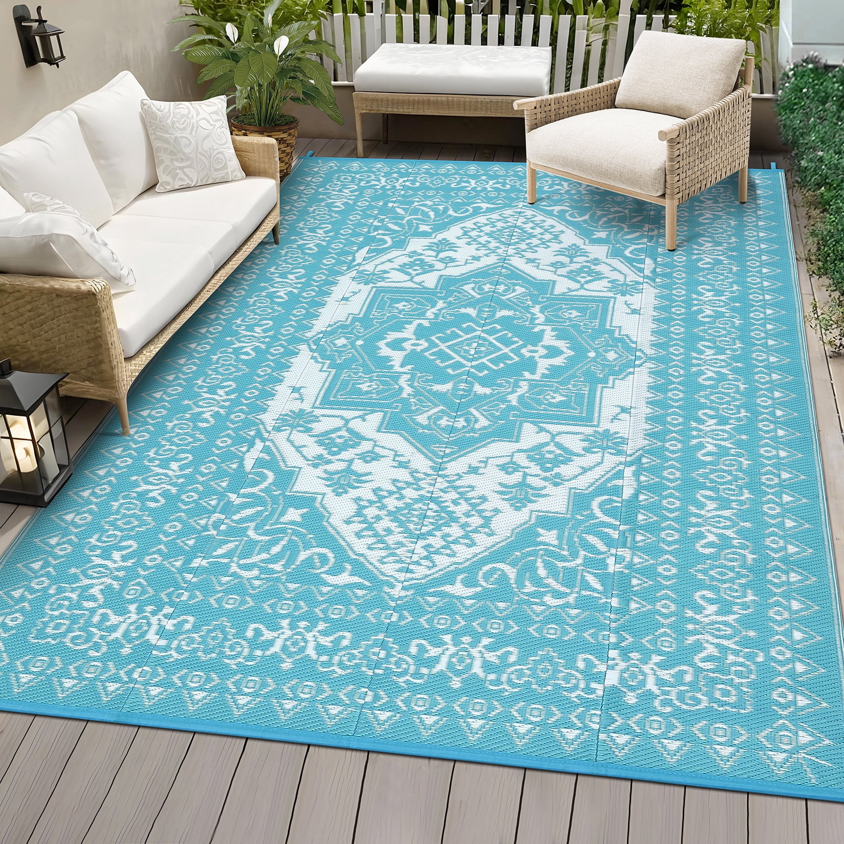 Outdoor Rug 8x10 Waterproof Reversible Plastic Straw Patio Mat, Vintage Medallion Indoor Outdoor Carpet for Deck Balcony Porch RV Camping Picnic