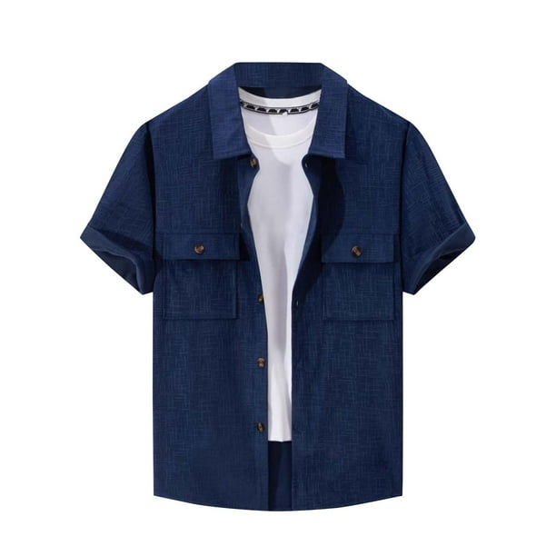 pstuiky Camisa de manga corta para hombre, Blusa de manga corta con cuello vuelto y bolsillos abotonados de color liso para hombre camisas casuales para hombre l
