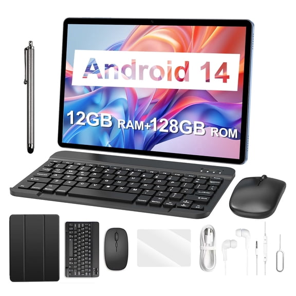 10 Inch Android 14 Tablet, 12GB 128GB (1TB Expandable), 2-in-1 With Keyboard, Mouse & Stylus, Octa-Core WiFi Tablet, 6000mAh, IPS HD Screen, Black