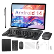10 Inch Android 14 Tablet, 12GB+128GB (1TB Expandable), 2-in-1 With Keyboard, Mouse & Stylus, Octa-Core WiFi Tablet, 6000mAh, IPS HD Screen, Black