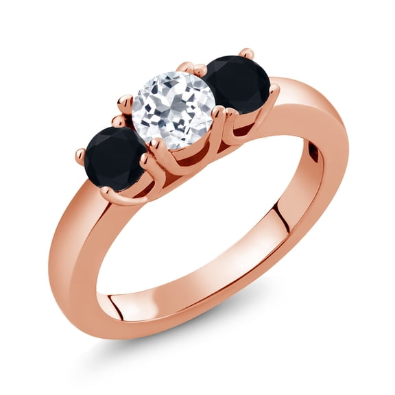 Gem Stone King 1.04 Ct Round White Topaz Black Onyx 18K Rose Gold Plated Silver Ring (Size 9)