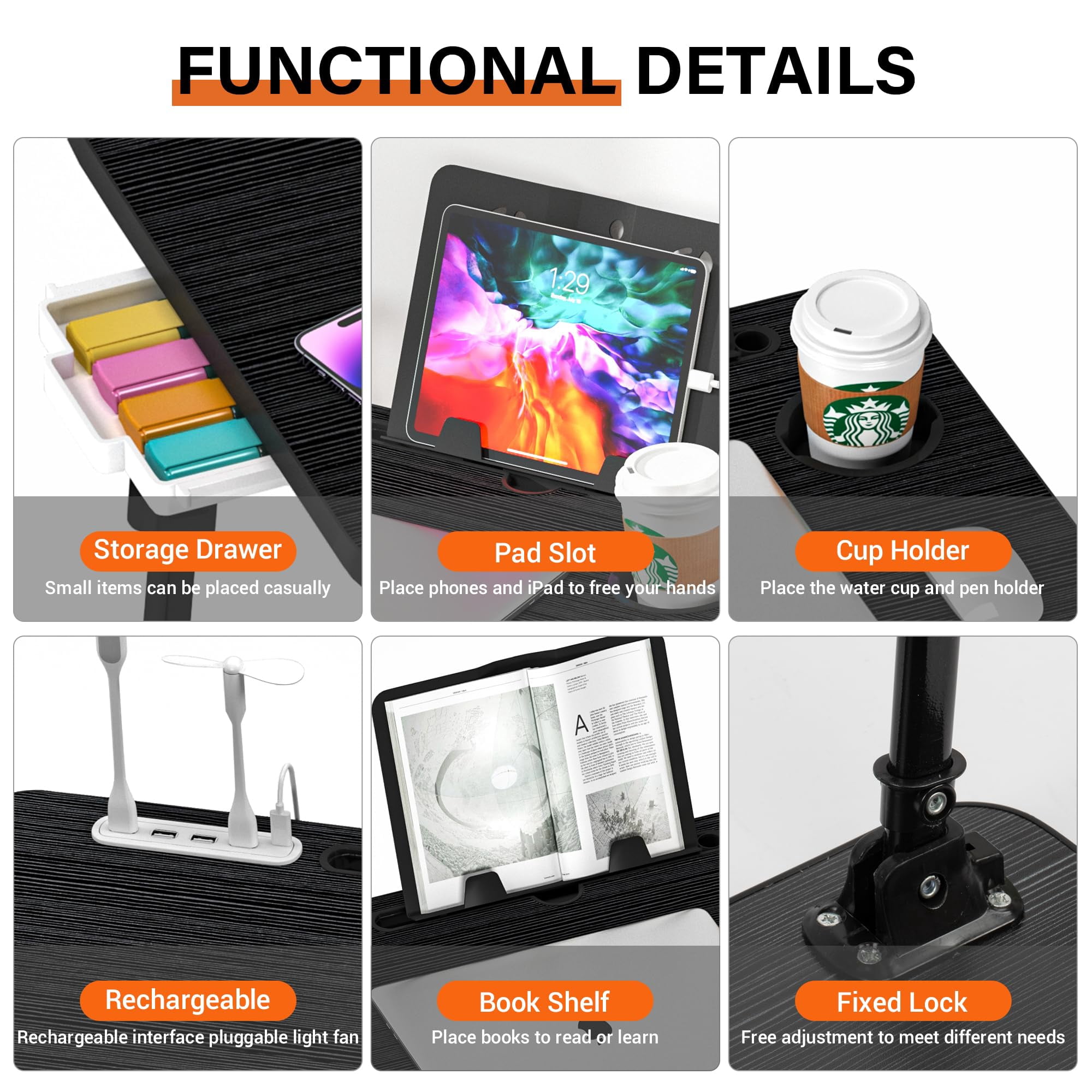 Laptop Desk For Bed Height Adjustable  Lap Table With Usb/storage Drawer/cup Holder/tablet Stand/book Shelf Foldable Breakfast Tray Portable Reading Writing Sofa & Floor Black