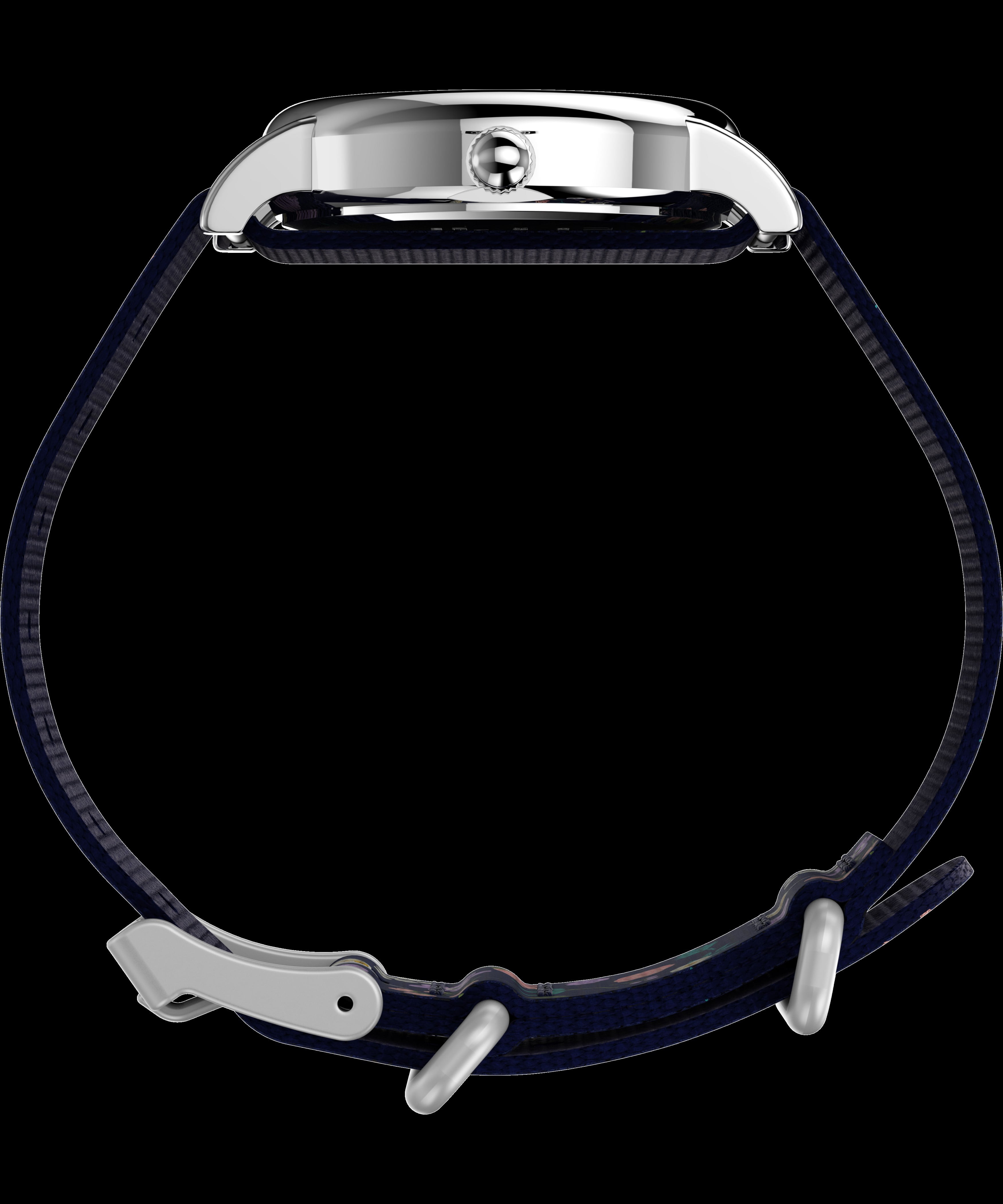 Timex x Peanuts Women's Weekender 31mm Watch – Snoopy Silver-Tone Case White Dial with Blue Floral Fabric Slip-Thru Strap