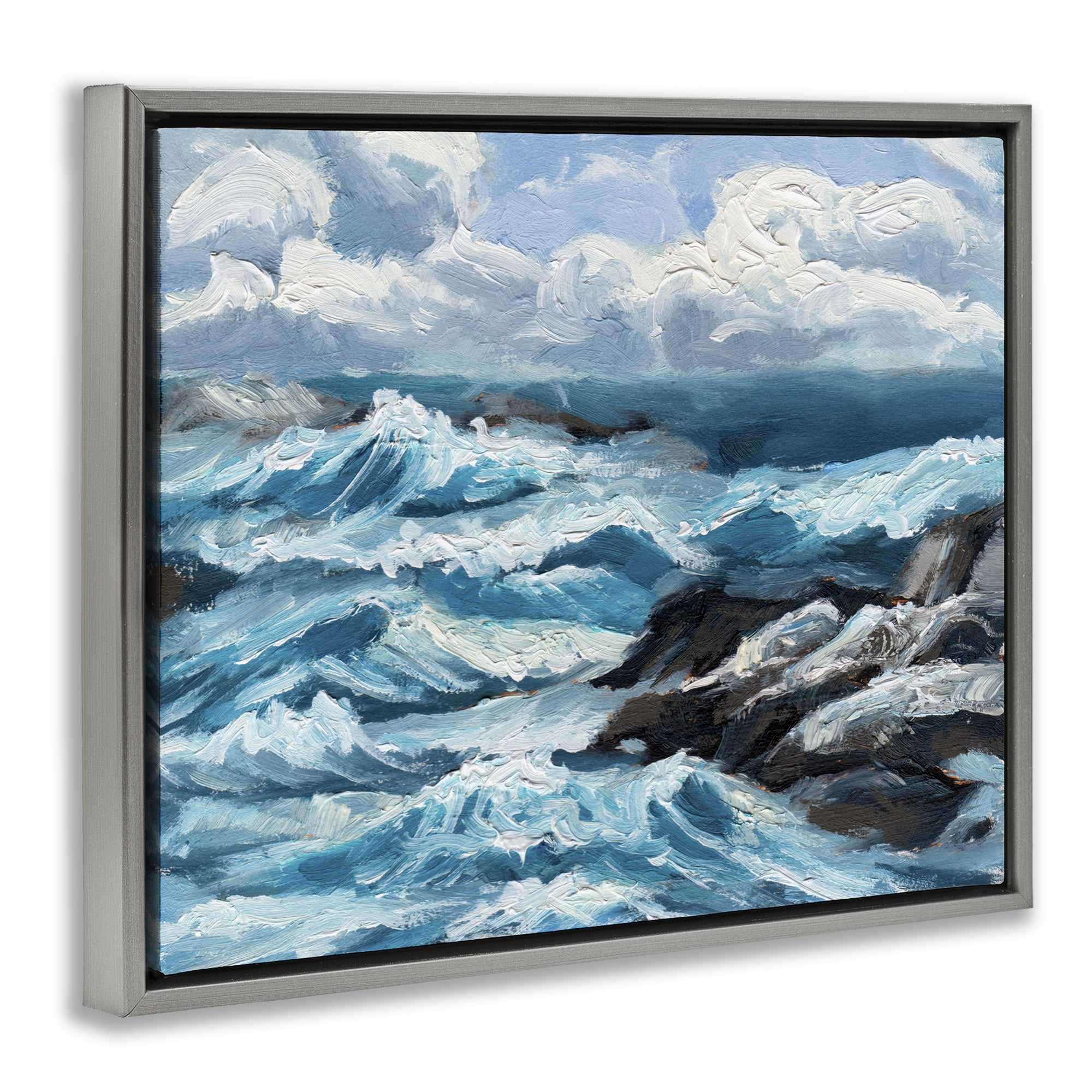 Stupell Industries Rough Sea Waves Splash Nautical & Beach Painting Gray Floater Framed Canvas Art Print Wall Art, 31 x 25
