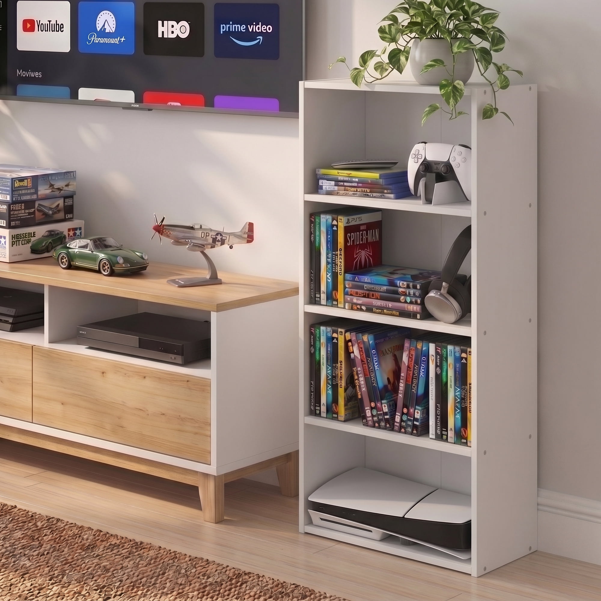 Furinno BASIC DVD Shelf, 4-Tier CD Rack with Open Shelf, Media Shelf, DVD Storage Cabinets for CD Blueray Game Disc, 7 x 17 x 35, for Living Room, Bedroom, Home Office, White