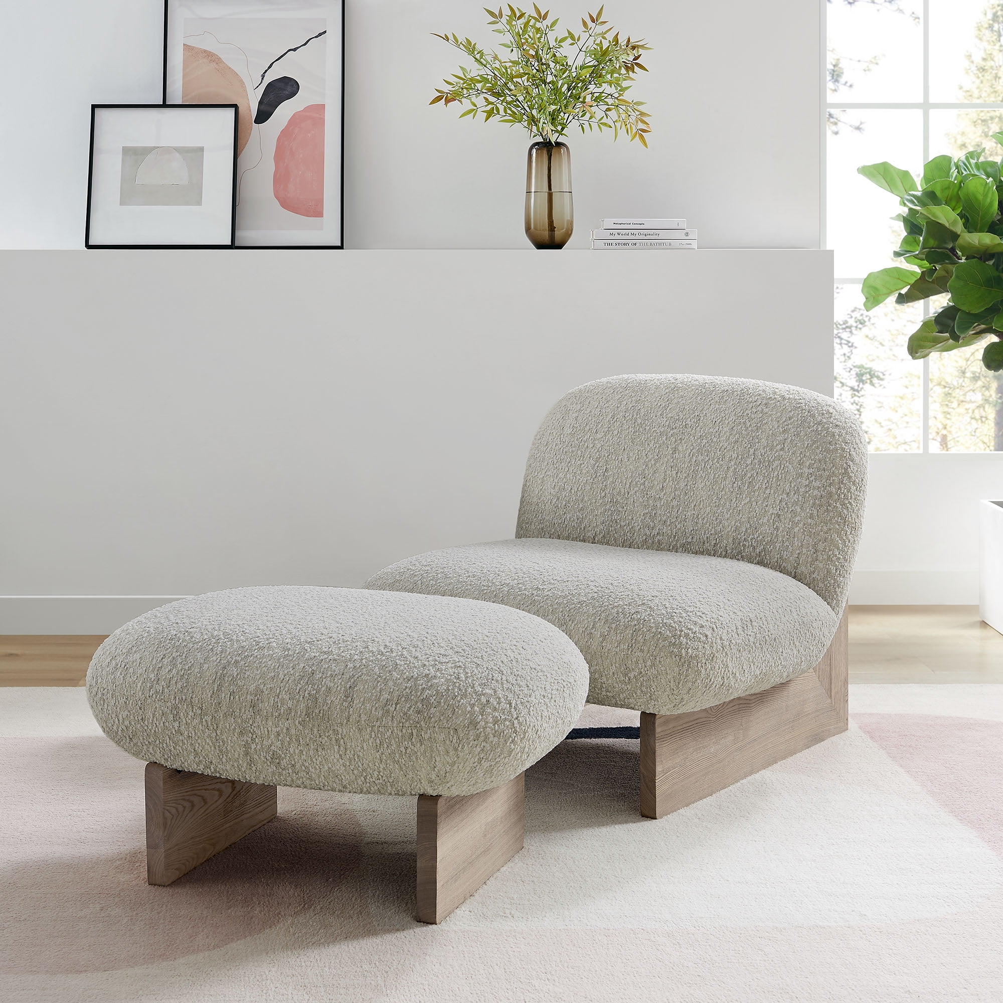 Accent Chair and Ottoman, Oak Brown, Fabric, Wood, Living Room Lounge Cafe Lobby Hospitality Restaurant, Modern Contemporary, HB37362