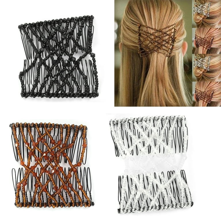 HEMOTON 3pcs Combs Hair Bun Maker Accessories Elastic Beaded Double Hair Clips Combs Hair Styling Tool for Woman (White, Black, Coffee)