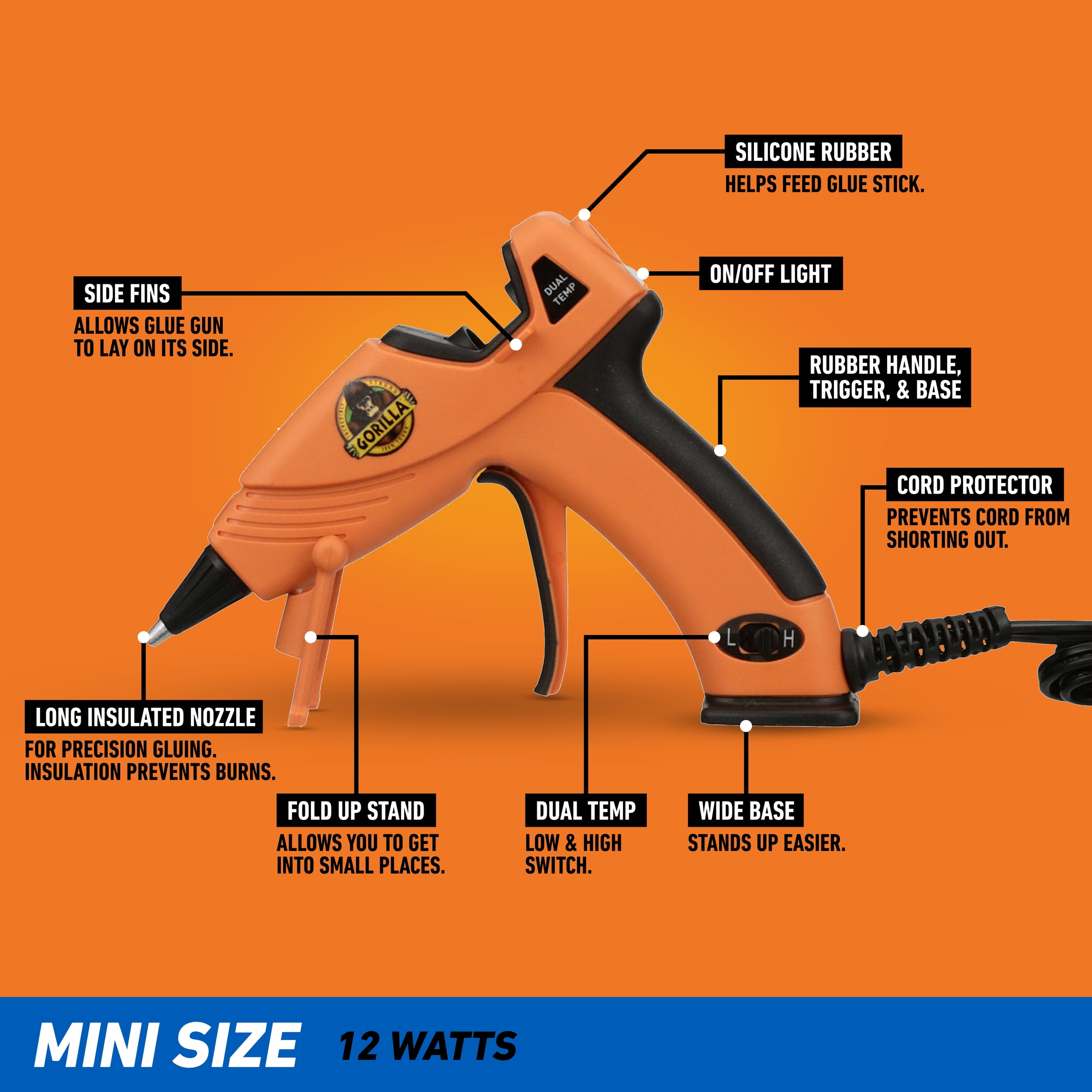 Gorilla Hot Glue Gun Mini - Dual Temp Mini Size Hot Glue Gun with Precision Nozzle