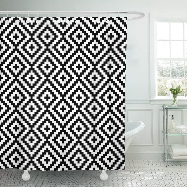 Cortina de ducha de poliéster moderna ABPHQTO Patrón de píxeles de meandro blanco y negro 152x180 cm