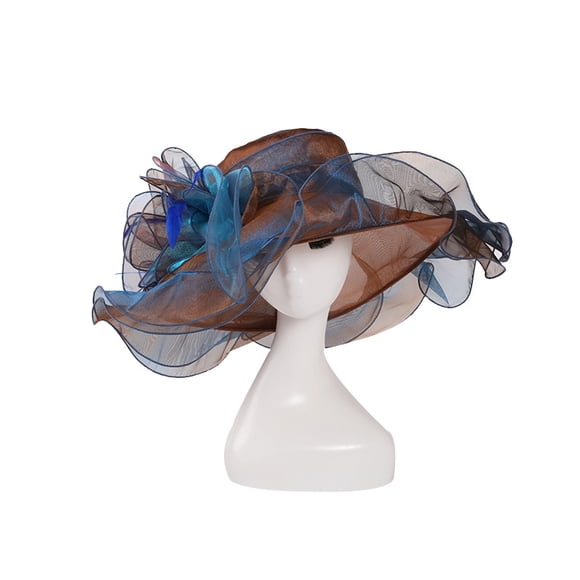 Kentucky Derby Hat Women Organza Fascinator Church Hat Bridal Wedding Tea Party Hat Wide Brim Sun Hat(coffee&Blue)