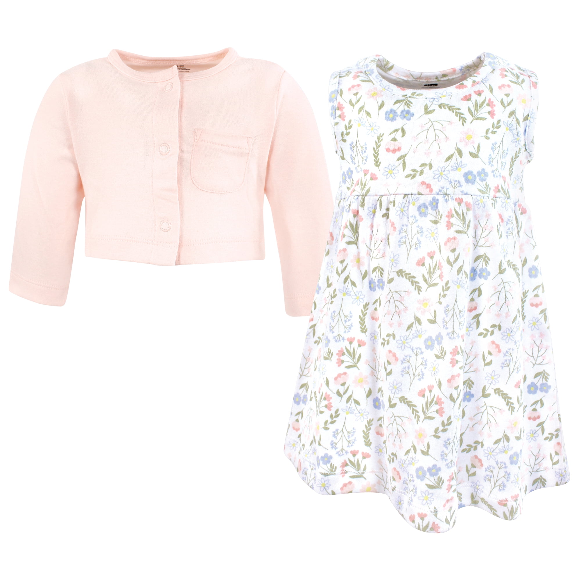 Hudson Baby Infant and Toddler Girls Cotton Dress and Cardigan Set, Pastel Wildflower, 12-18 Months