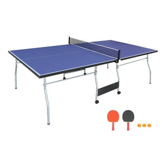 8ft Mid-Size Table Tennis Table Foldable & Portable Ping Pong Table Set for Indoor Games with Net, 2 Table Tennis Paddles and 3 Balls