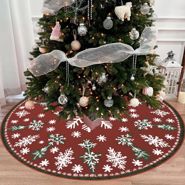 Washable Christmas Tree Skirt Short Pile Polyester Holiday Decor with HD Print Festive Xmas Mat Rug for Home Party Decoration Waterproof Reversible Tree Collar Cover Stand Base Protector Floor Mat
