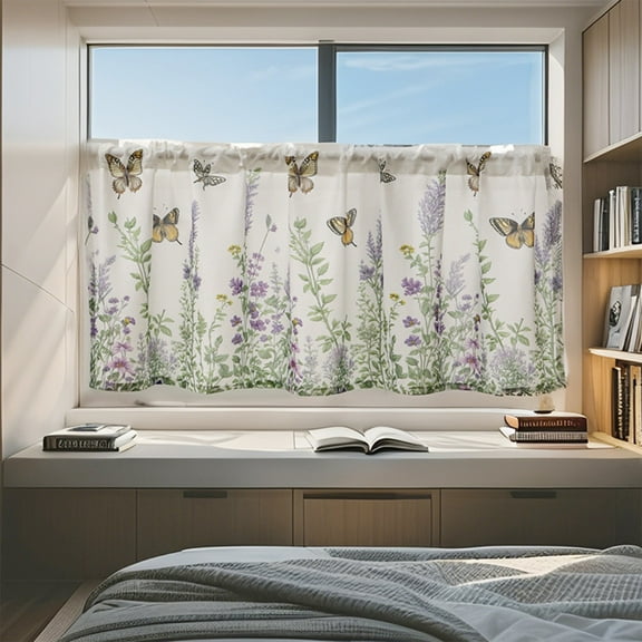 CaiYueKe Floral Butterfly Print Half Curtains Cafe Kitchen Window Short Curtains Polyester Sheer Tier Curtains for Living Room Bedroom Bathroom Decor