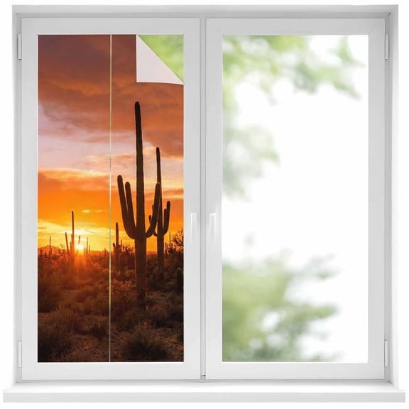 Western Cactus Sunset Window Privacy Film, Modern Abstract Art Retro Static Cling UV Sun Blocking Heat Control Window Tint Day and Night, Non-Adhesive One Way Windows Privacy Cover 17.7''x39.3''