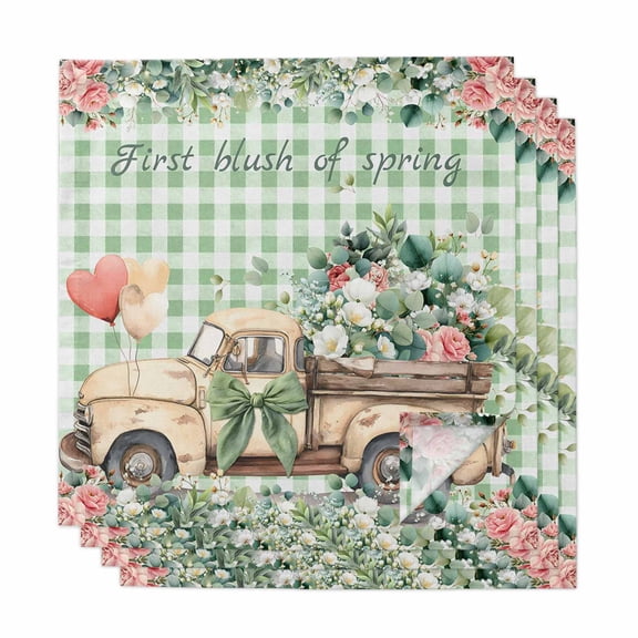 Eucalyptus Trucks Cloth Napkins, Spring Farmhouse Floral Sage Green Plaid Washable and Reusable Dinner Napkins Set of 4, Table Napkin for Kitchen Party Birthday Wedding Hotel Housewarming 20"x20"