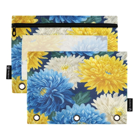 2 Pack Flip Folders with Clear PVC Window Binder Pouches 3-Ring Binder Organizer for Office & Home Yellow and White Chrysanthemum