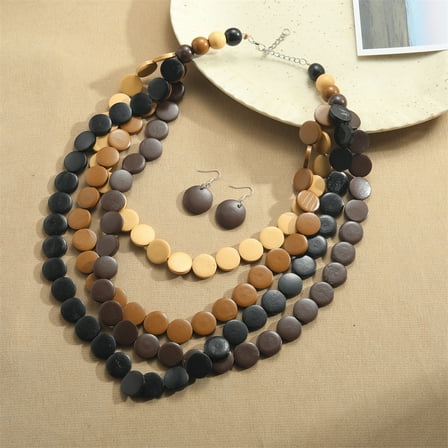 1set Flat Round Wood Beaded Multilayer Necklaces & Dangle Earrings sets Coconut Brown 580mm