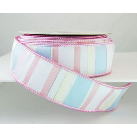 Wired Diantha Thick White, Pink and Blue Striped Pastel Easter or Spring Ribbon 1 1/2" - 10 Yards