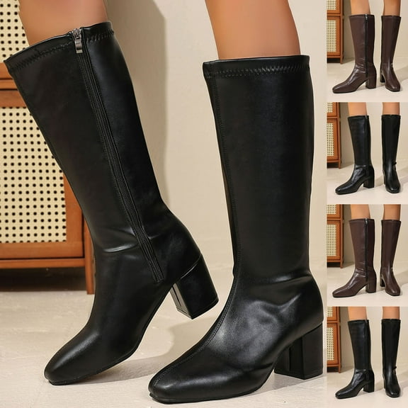 Woman Boots Round Toe Chunky Heel Knee-High Boots Women's Casual Versatile Fashionable Fall Winter Trendy Short Boots