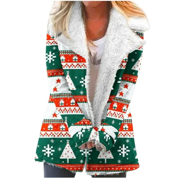 Aboser Christmas Sherpa Lined Jackets for Women 2024 Fun Xmas Patterns Coat Warm Button Fuzzy Jacket Winter Lapel Holiday Coats