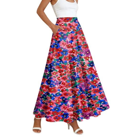 Womens Long Skirt High Waist Elastic Flowy Bohemian Skirt with Pockets Floral Print Purple L