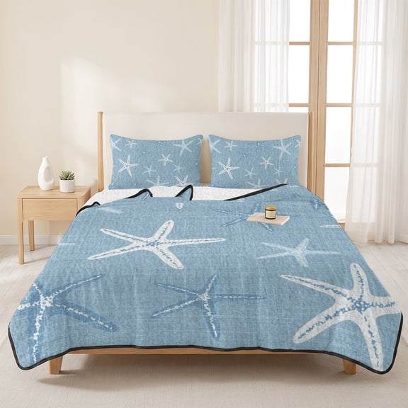 3 Pieces Queen Quilt Set,Coastal Blue Starfish Soft Bedding Sets with 1 Quilt & 2 Pillow Shams,Summer Beach White Starfishs Summer Bedspread Lightweight Coverlet Comforter for All Season