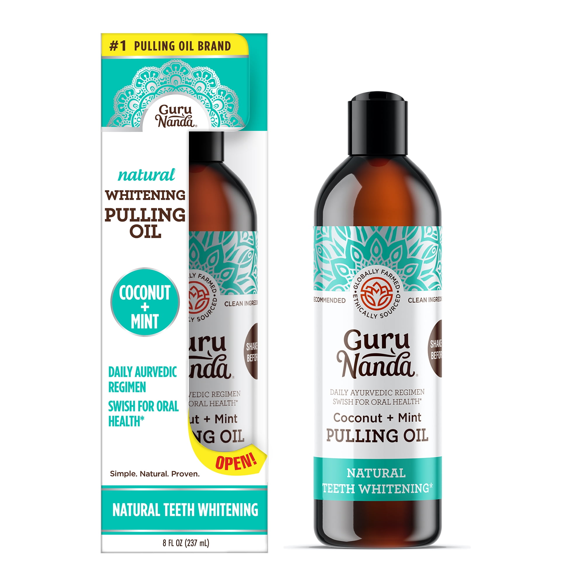 GuruNanda Whitening Pulling Oil, Coconut Oil & Pure Peppermint Essential Oil - Natural Teeth Whitening Oral Rinse - 8 oz