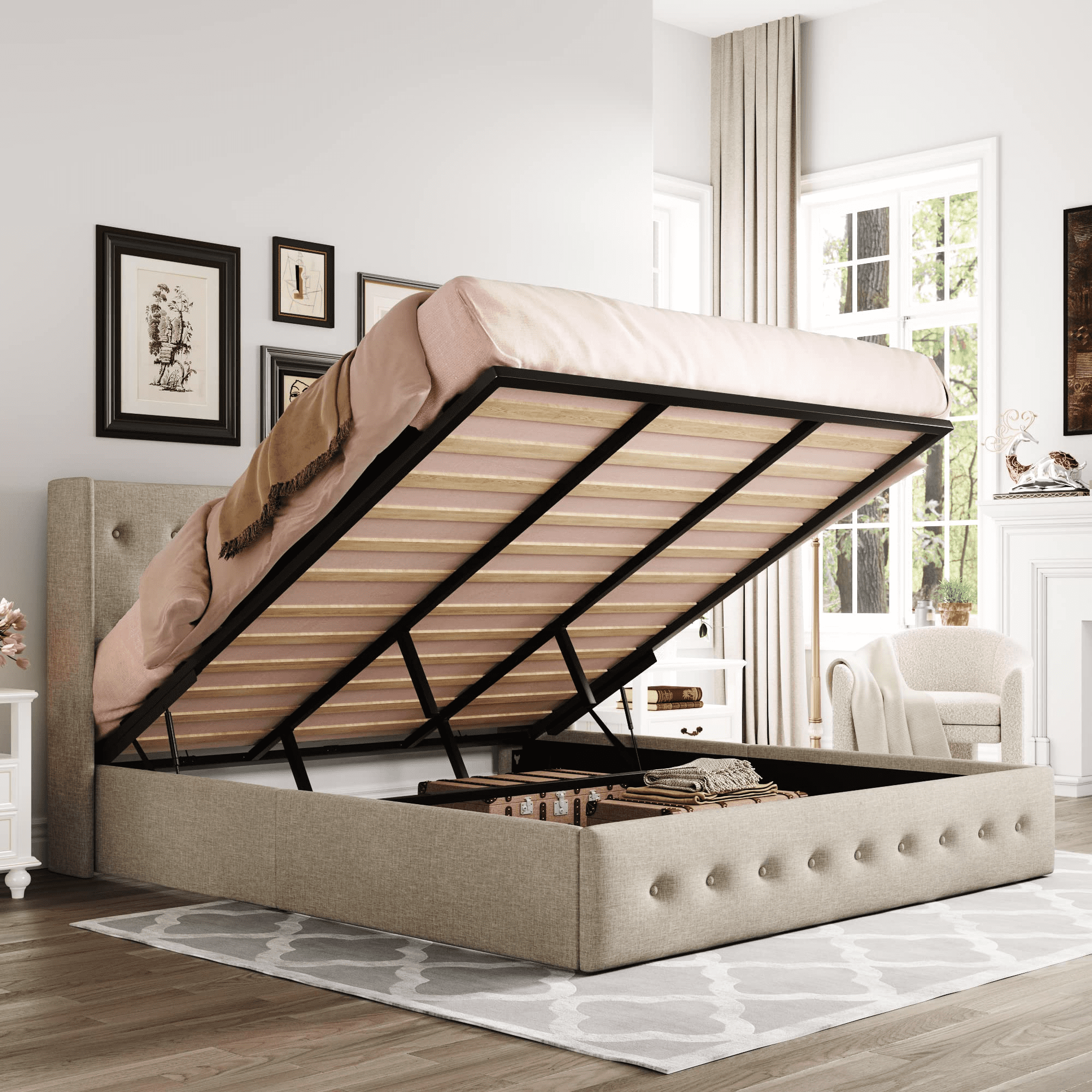 Einfach King Size Lift Up Storage Bed with Wingbacks and ButtonTufted