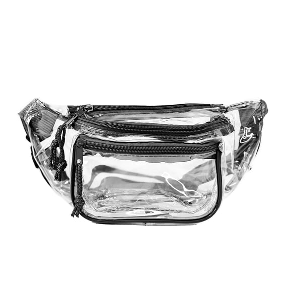 K–Cliffs Clear 3-Zipper PVC Waist Fanny Pack with Black Trim for Music Festivals & Raves, Teen-Adult