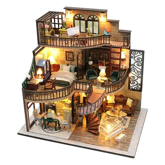 Mini Dollhouse Assemble Kits DIY Miniature Villa with LED Lights 3D for Home