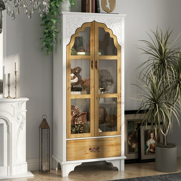 OXYLIFE Bookcase Display Cabinet with Glass Doors, 3 Tier Shelves and Drawer for Living Room