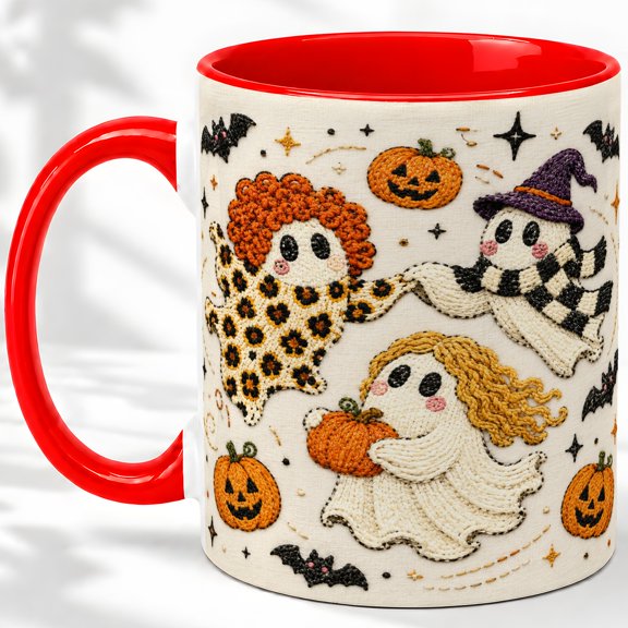 Cute Halloween Ghosts Accent Mug, 11oz Ceramic Mug Glossy ceramic mug with double-sided embroidered-style artwork for daily coffee or tea